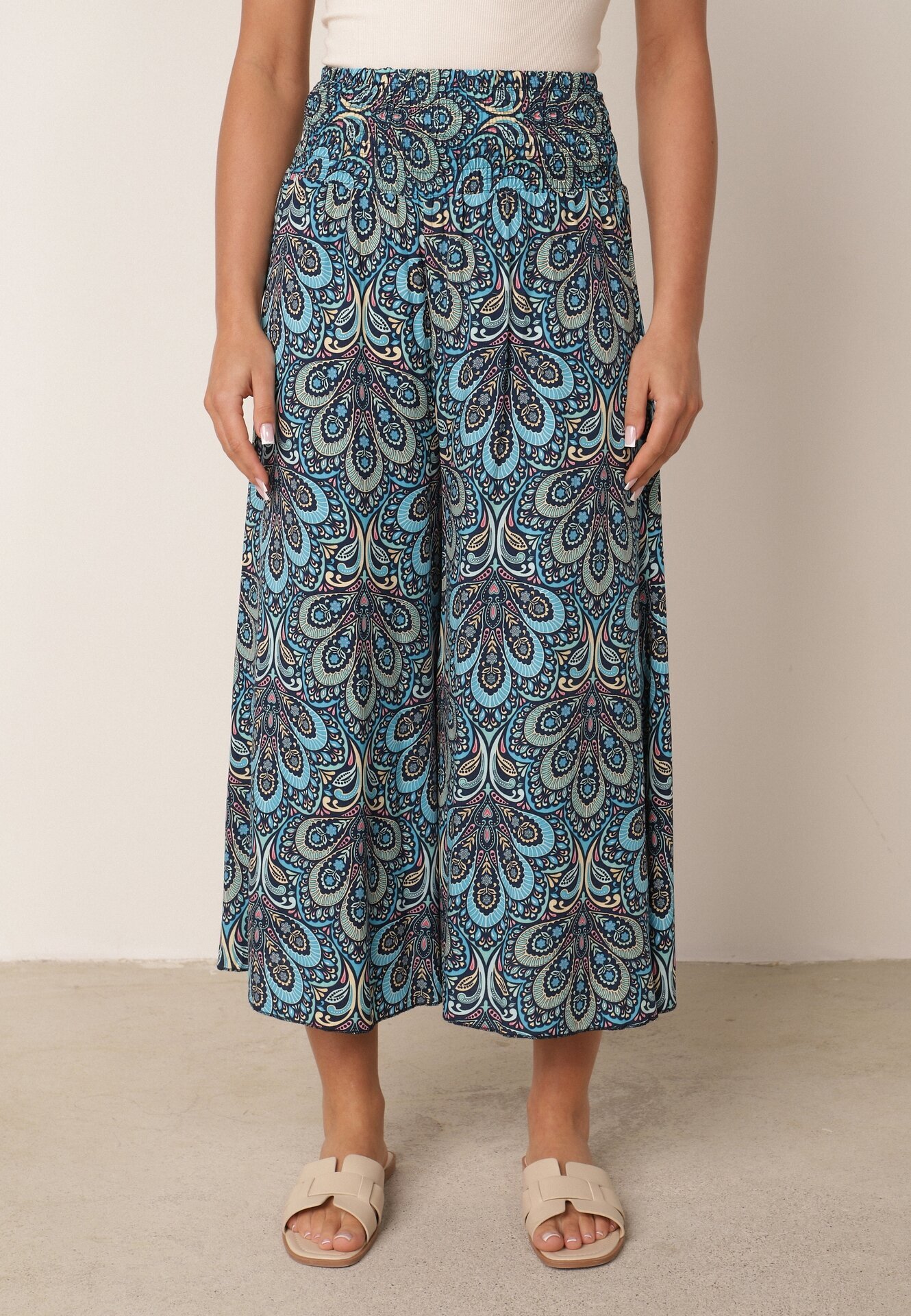 cflo Pantaloni Largi bleumarin din viscoză cu imprimeu retro Zeramara