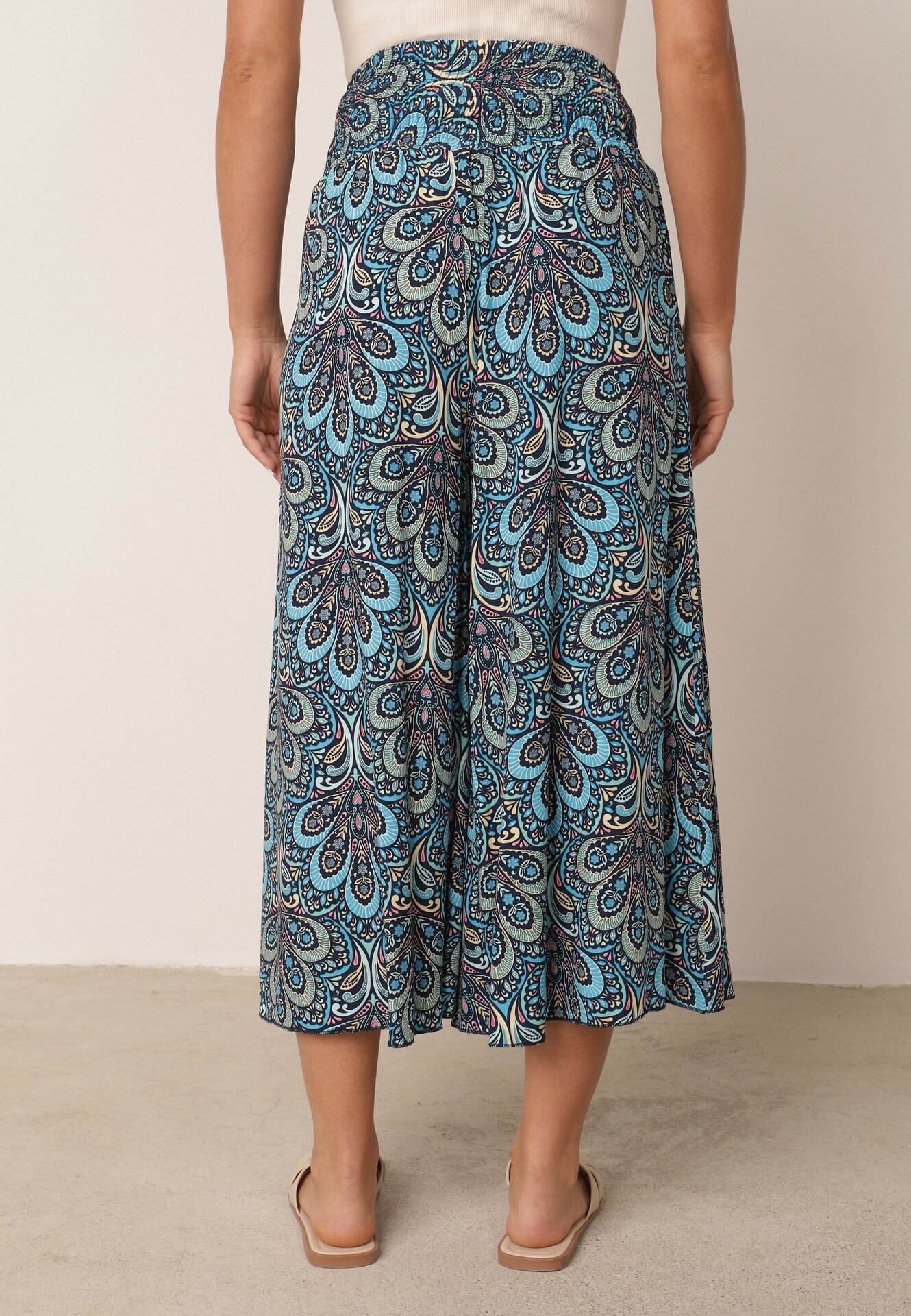 cflo Pantaloni Largi bleumarin din viscoză cu imprimeu retro Zeramara
