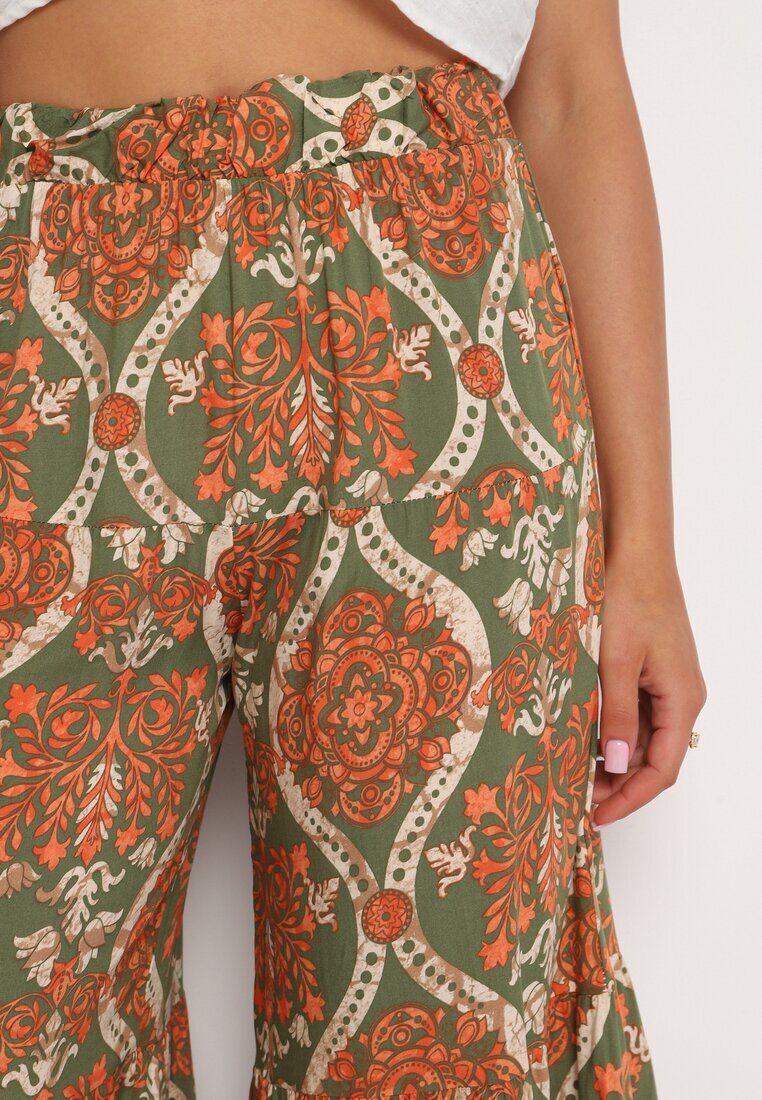 cflo Pantaloni Largi din Viscoză Verde-Portocalii cu Talie Înaltă și Elastic în Talie Risettesna