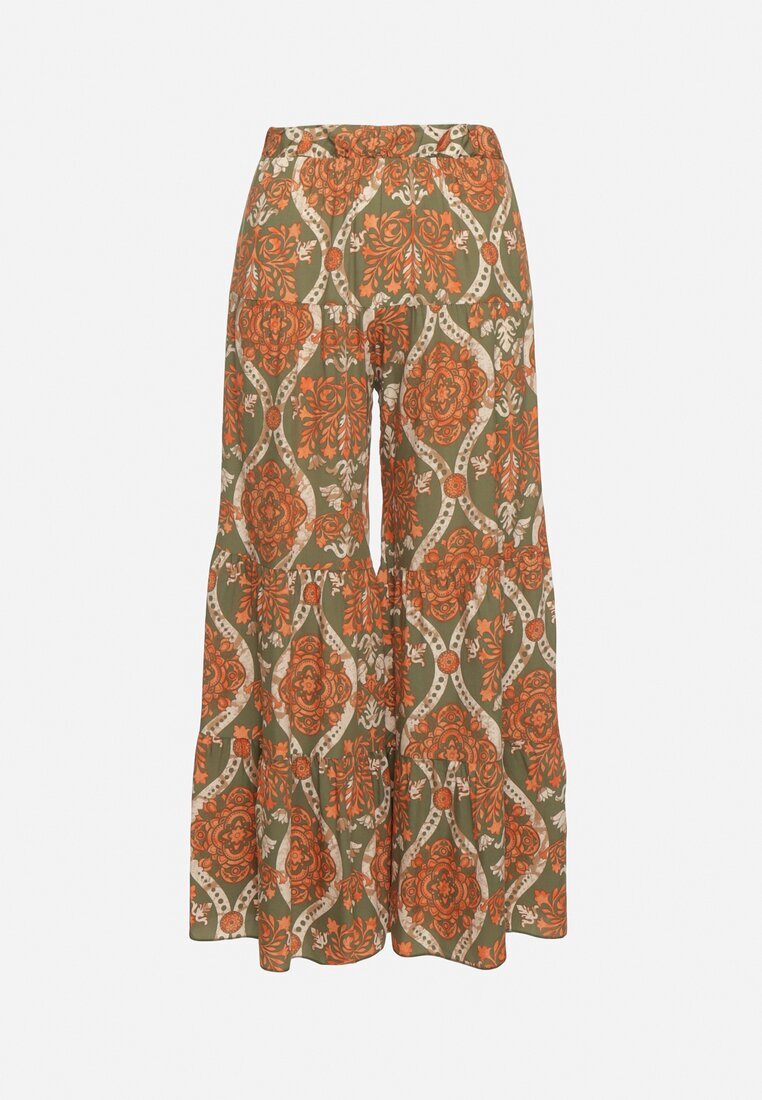 cflo Pantaloni Largi din Viscoză Verde-Portocalii cu Talie Înaltă și Elastic în Talie Risettesna