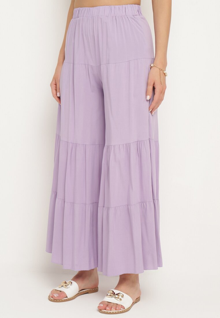 cflo Pantaloni Largi Mov din Viscoză cu Elastic în Talie Decorate cu Volan Dimlea