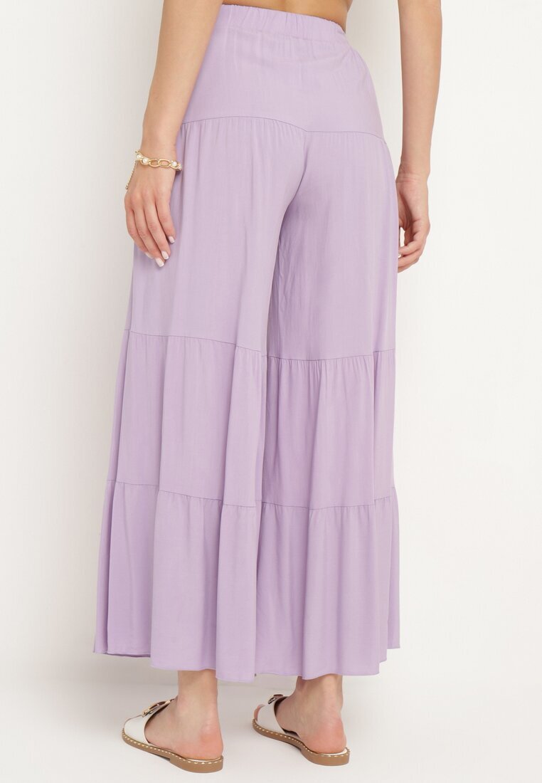 cflo Pantaloni Largi Mov din Viscoză cu Elastic în Talie Decorate cu Volan Dimlea