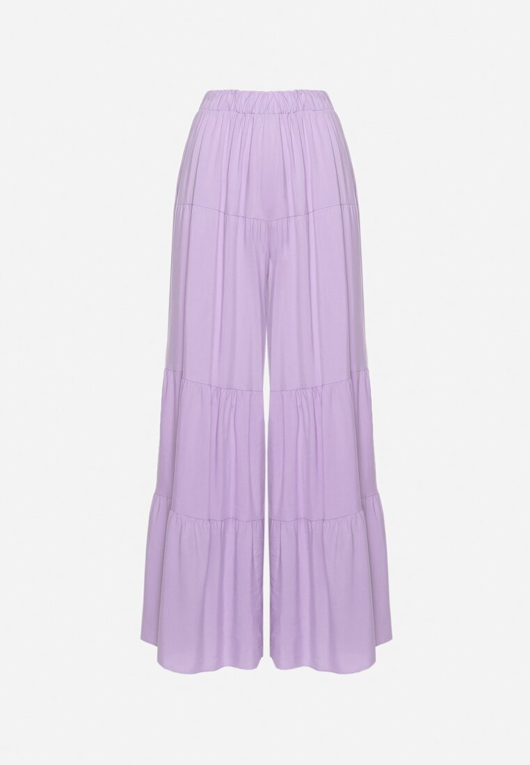cflo Pantaloni Largi Mov din Viscoză cu Elastic în Talie Decorate cu Volan Dimlea
