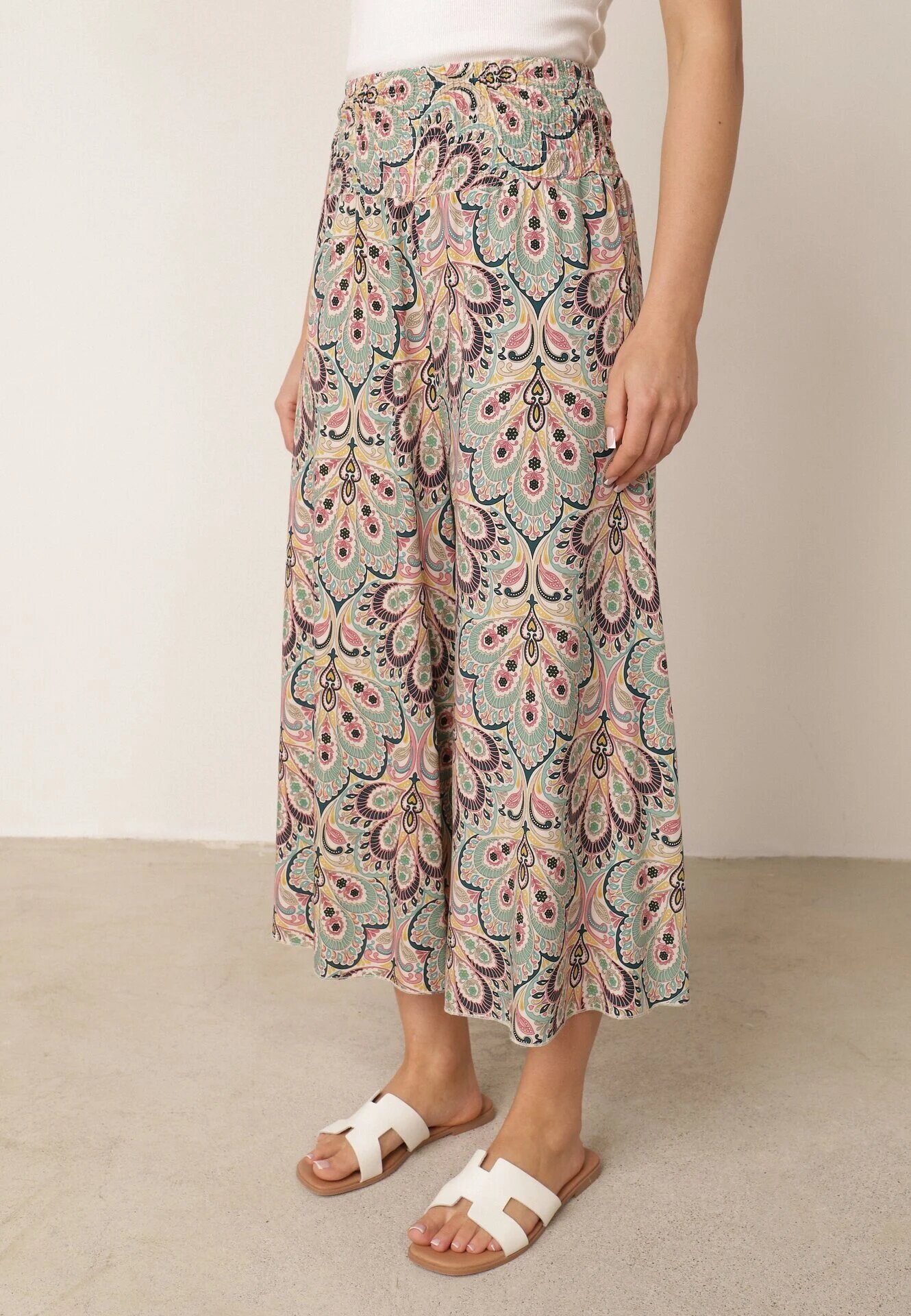 cflo Pantaloni Largi Roz-Mentă din Viscoză cu Model Retro Zeramara
