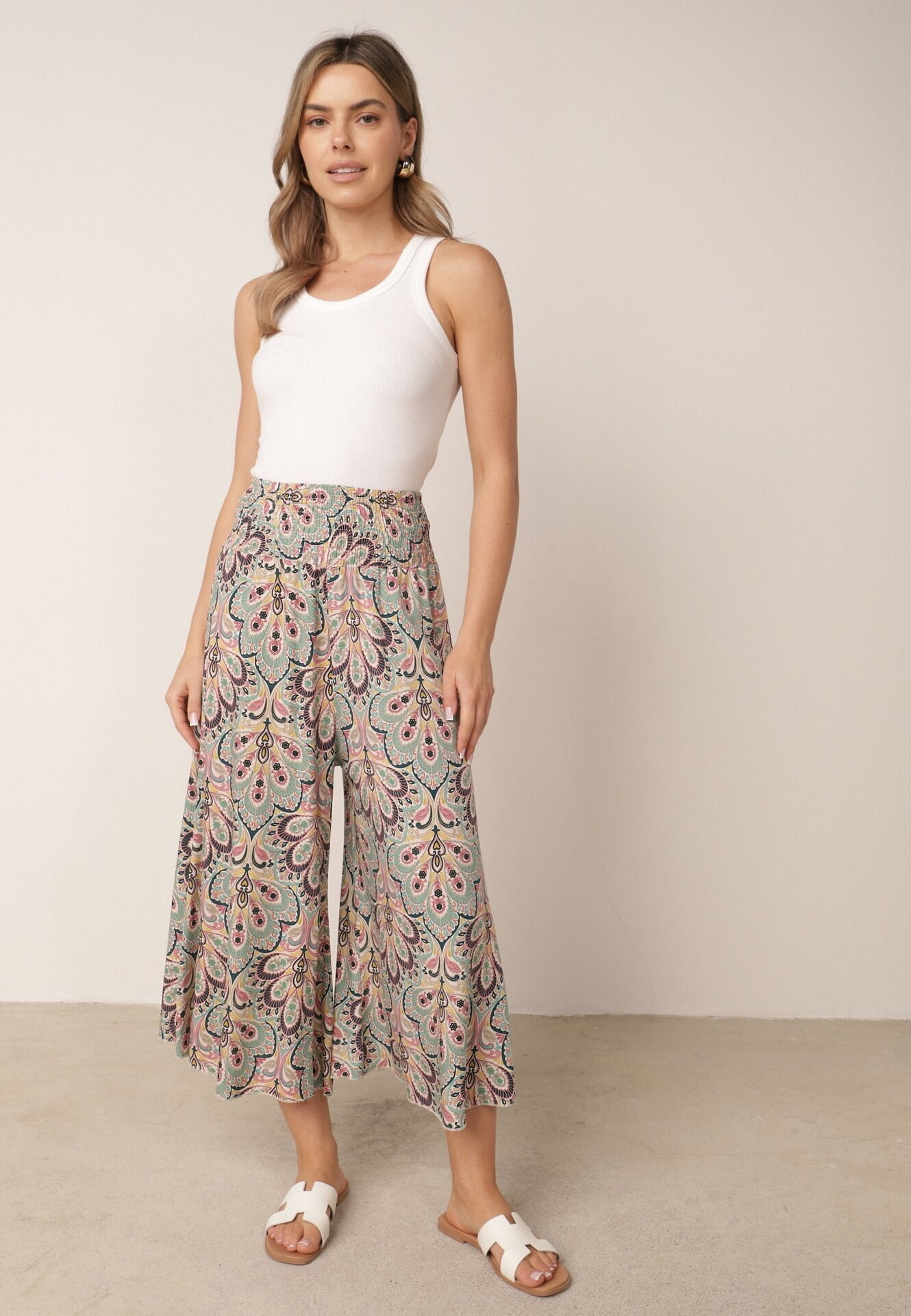 cflo Pantaloni Largi Roz-Mentă din Viscoză cu Model Retro Zeramara