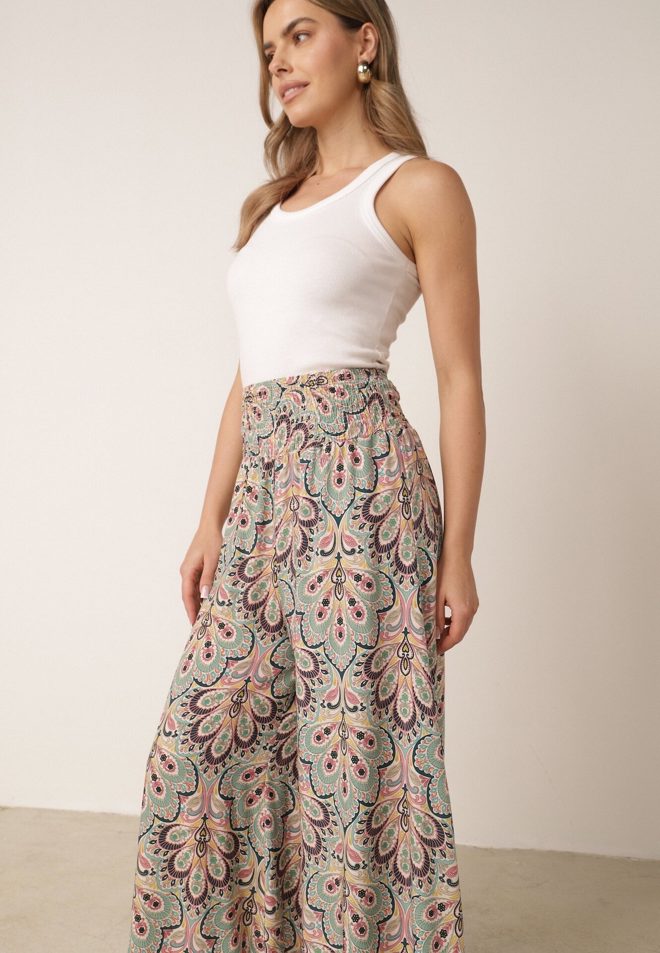 cflo Pantaloni Largi Roz-Mentă din Viscoză cu Model Retro Zeramara