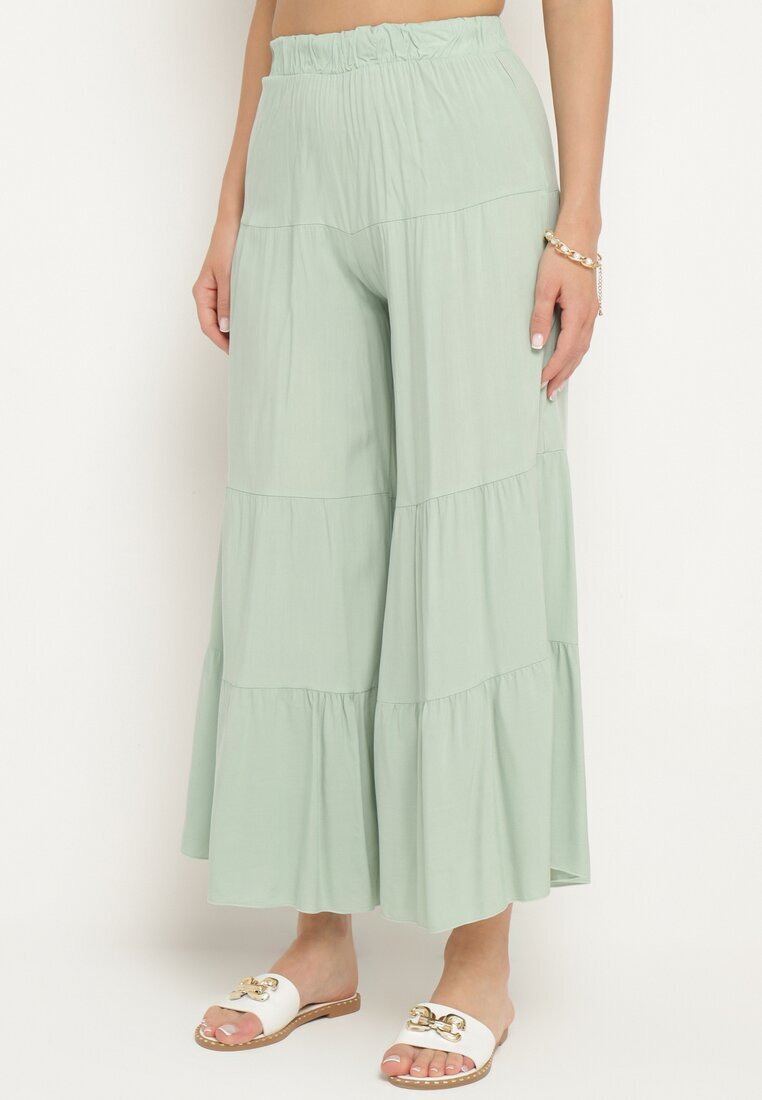 cflo Pantaloni Largi Verde Deschis din Viscoză cu Elastic în Talie Decorați cu Volan Dimlea