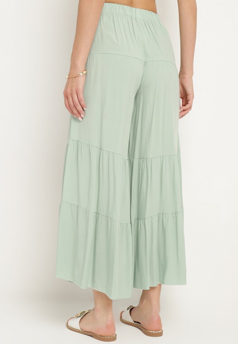 cflo Pantaloni Largi Verde Deschis din Viscoză cu Elastic în Talie Decorați cu Volan Dimlea