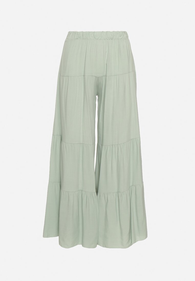 cflo Pantaloni Largi Verde Deschis din Viscoză cu Elastic în Talie Decorați cu Volan Dimlea