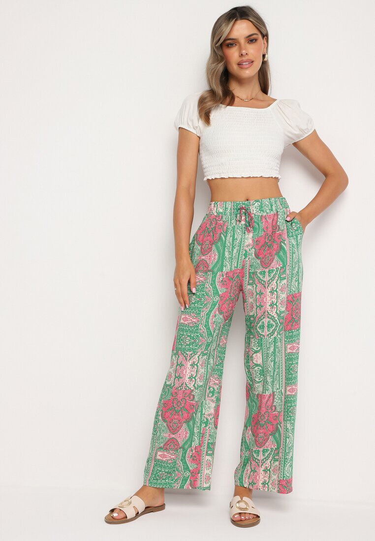 cflo Pantaloni Palazzo Verde-Roz din Viscoză cu Elastic în Talie Lirfea