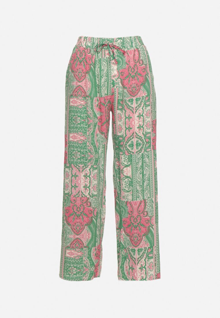 cflo Pantaloni Palazzo Verde-Roz din Viscoză cu Elastic în Talie Lirfea