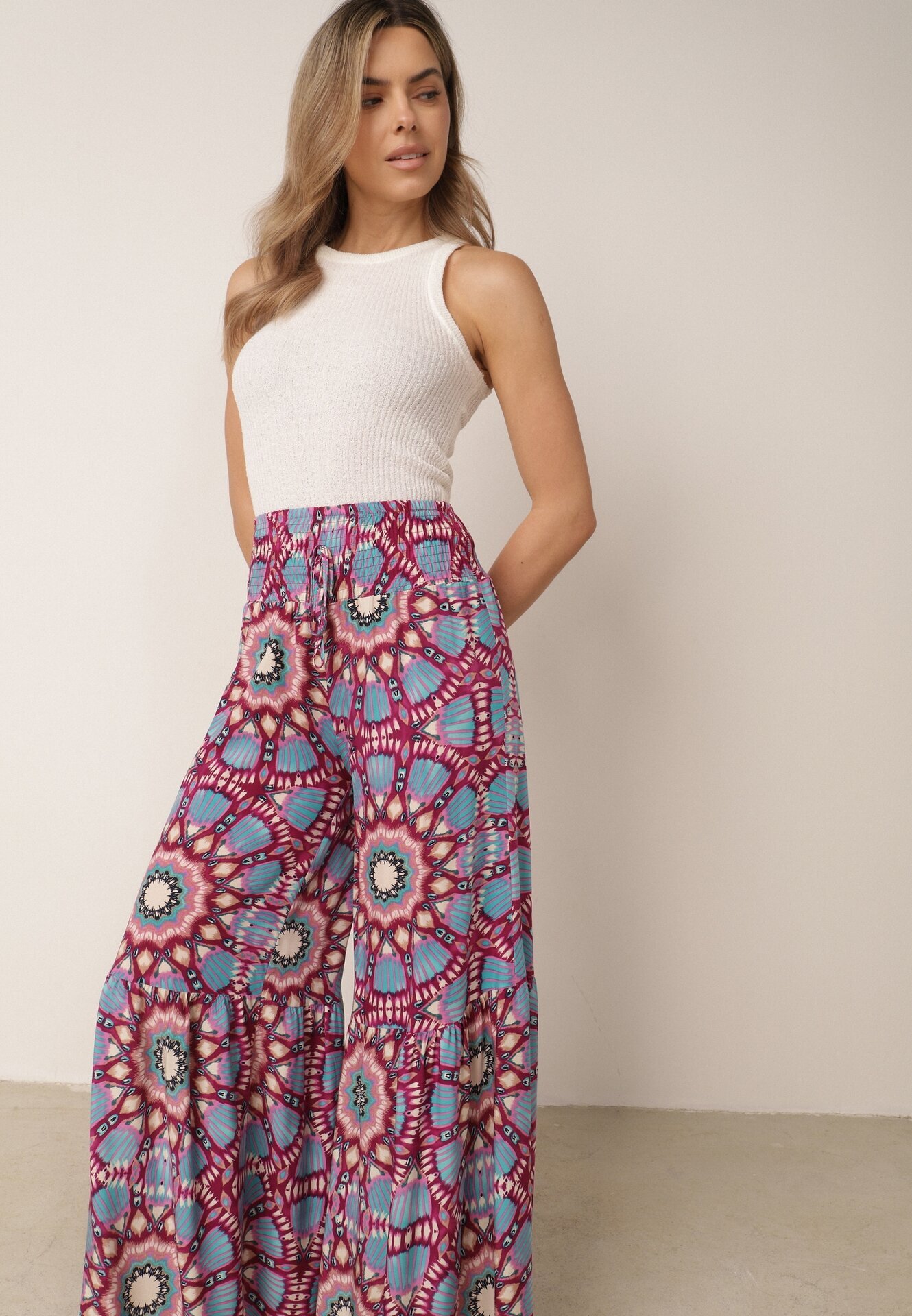 cflo Pantaloni Roz-Albastru din Viscoză Tip Palazzo cu Talie Înaltă și Elastic în Talie Agnalia