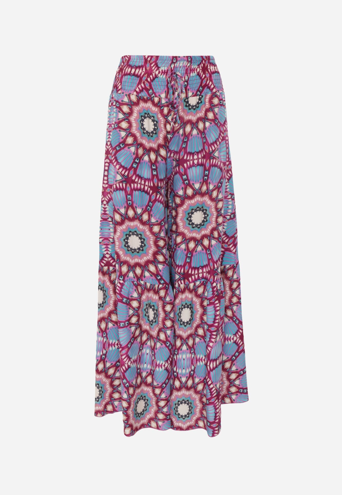 cflo Pantaloni Roz-Albastru din Viscoză Tip Palazzo cu Talie Înaltă și Elastic în Talie Agnalia