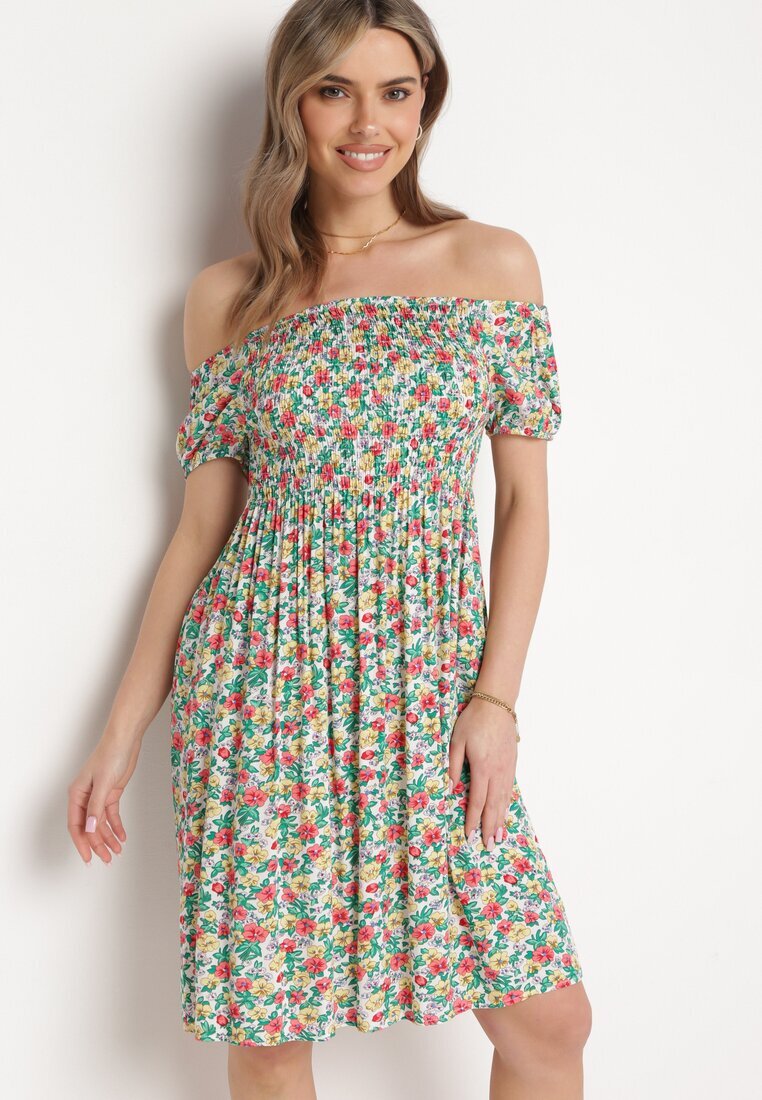 cflo Rochie Alb-Verde din Viscoză cu Imprimeu Floral cu Decolteu Spaniol Latiana