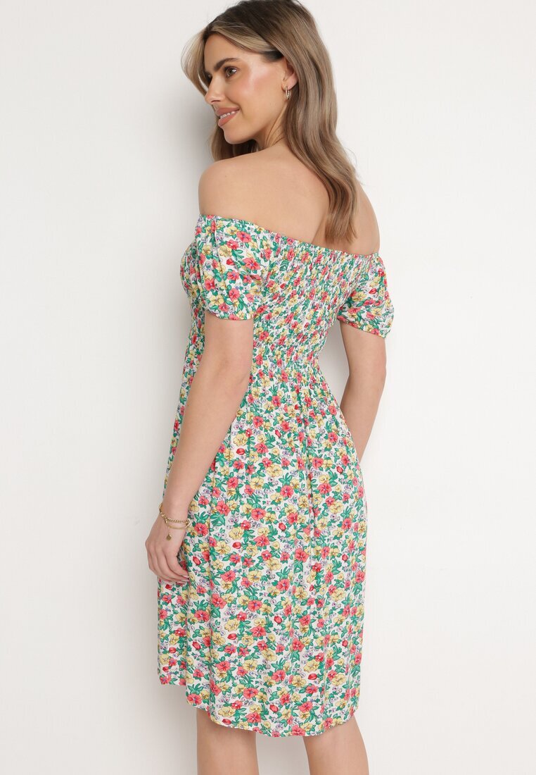 cflo Rochie Alb-Verde din Viscoză cu Imprimeu Floral cu Decolteu Spaniol Latiana