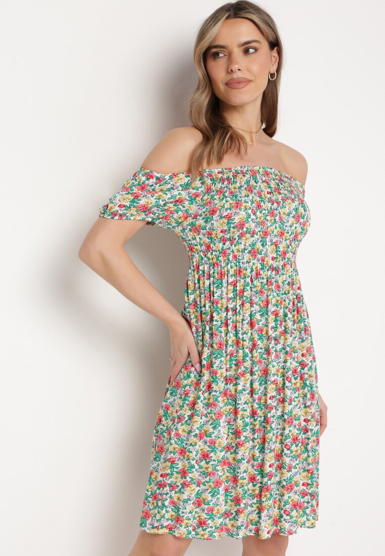 cflo Rochie Alb-Verde din Viscoză cu Imprimeu Floral cu Decolteu Spaniol Latiana