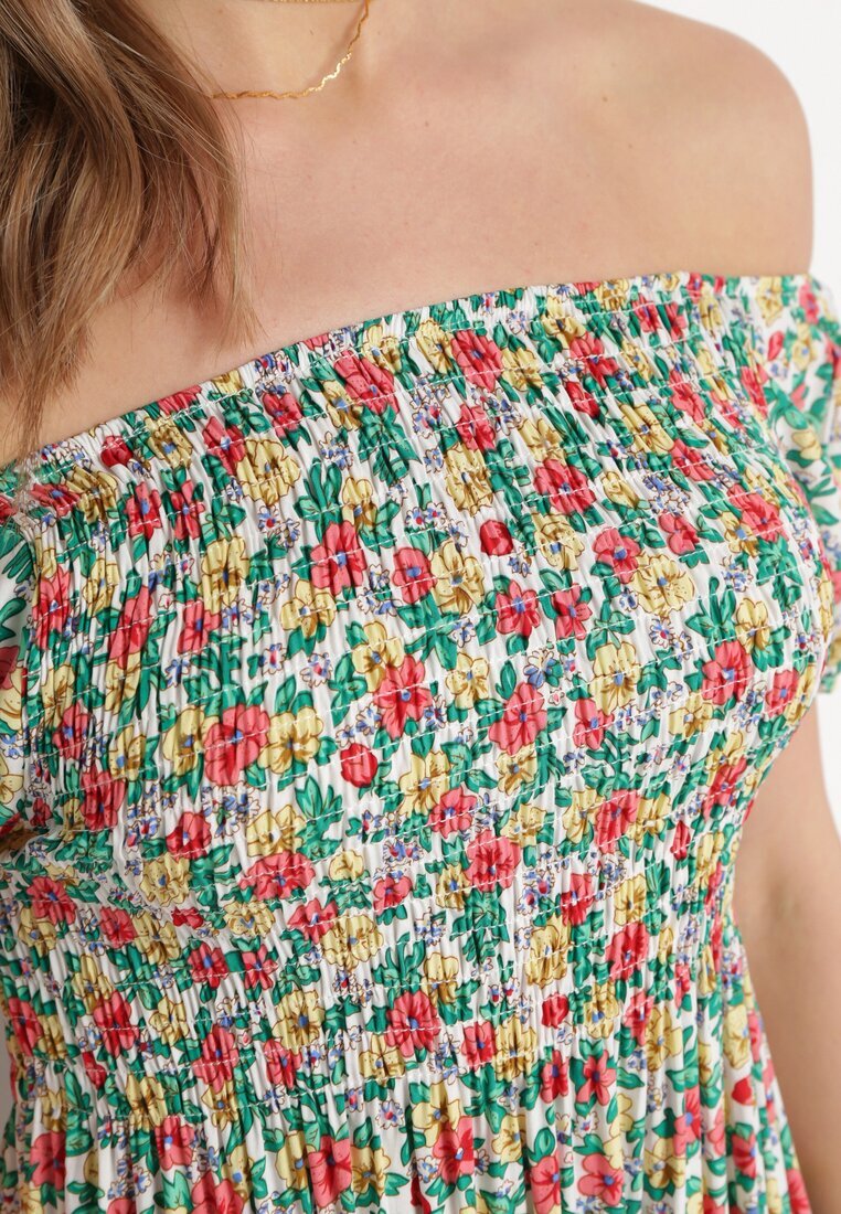 cflo Rochie Alb-Verde din Viscoză cu Imprimeu Floral cu Decolteu Spaniol Latiana