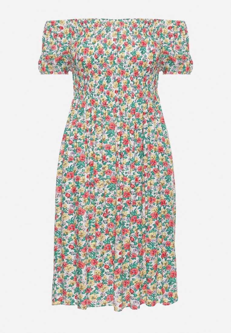 cflo Rochie Alb-Verde din Viscoză cu Imprimeu Floral cu Decolteu Spaniol Latiana