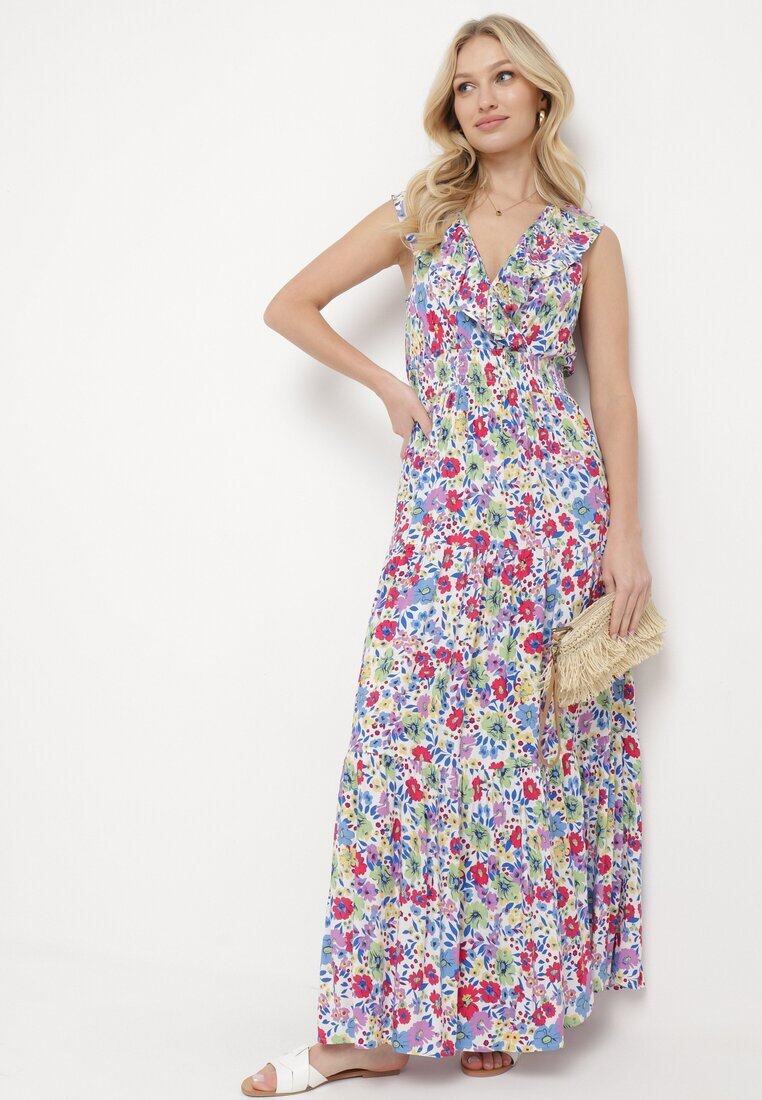 cflo Rochie Alb-Verde Maxi cu Decolteu Triunghiular și Motiv Floral cu Volan Moraila