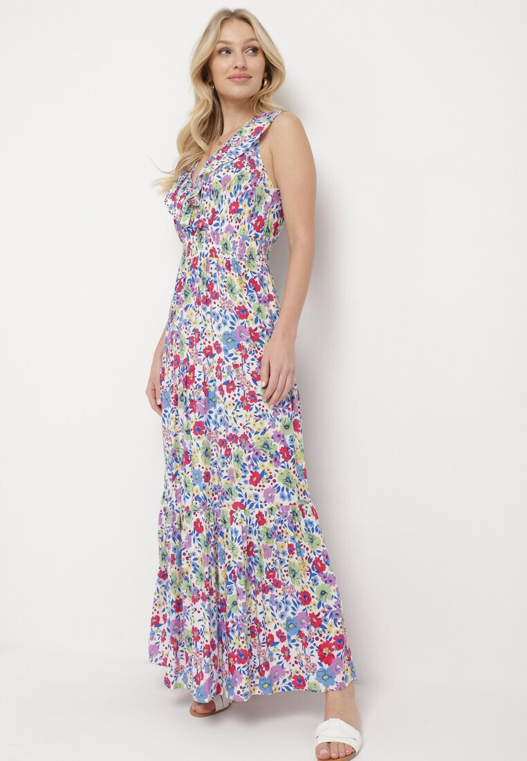 cflo Rochie Alb-Verde Maxi cu Decolteu Triunghiular și Motiv Floral cu Volan Moraila