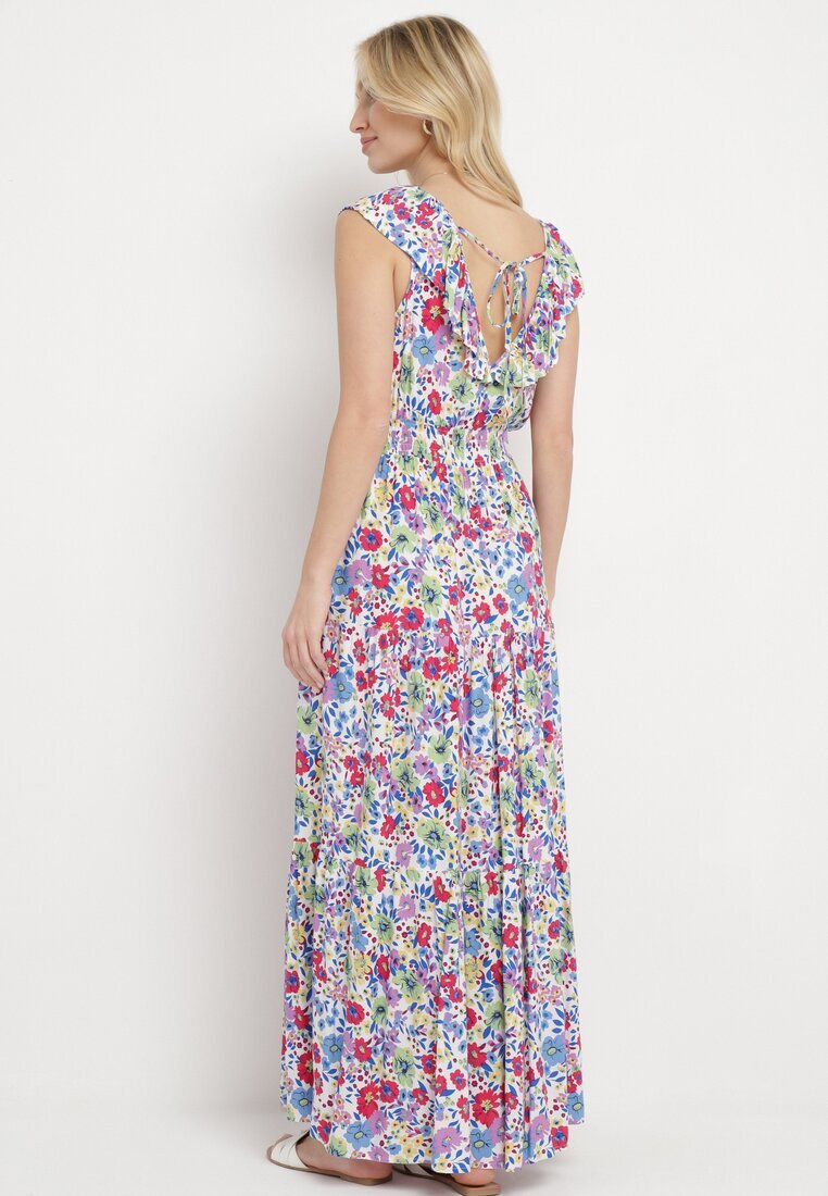 cflo Rochie Alb-Verde Maxi cu Decolteu Triunghiular și Motiv Floral cu Volan Moraila