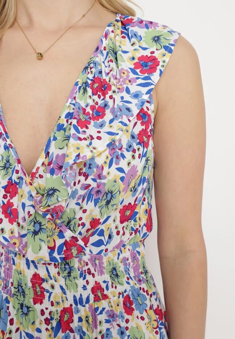cflo Rochie Alb-Verde Maxi cu Decolteu Triunghiular și Motiv Floral cu Volan Moraila