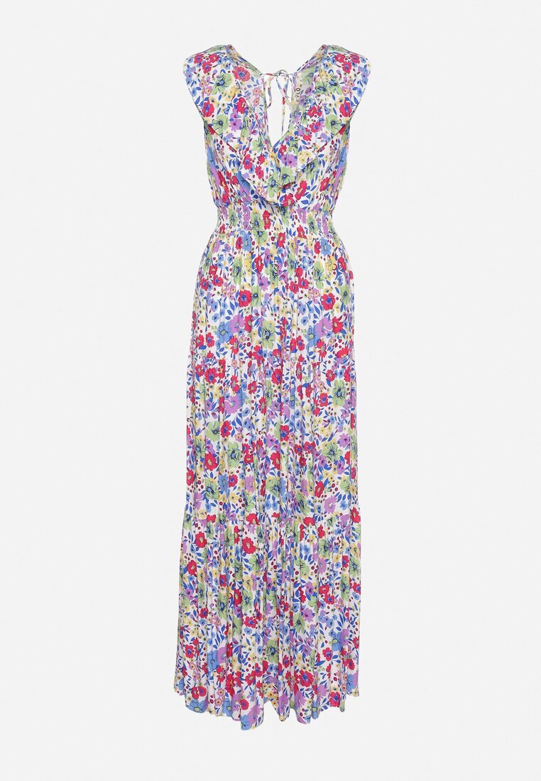 cflo Rochie Alb-Verde Maxi cu Decolteu Triunghiular și Motiv Floral cu Volan Moraila