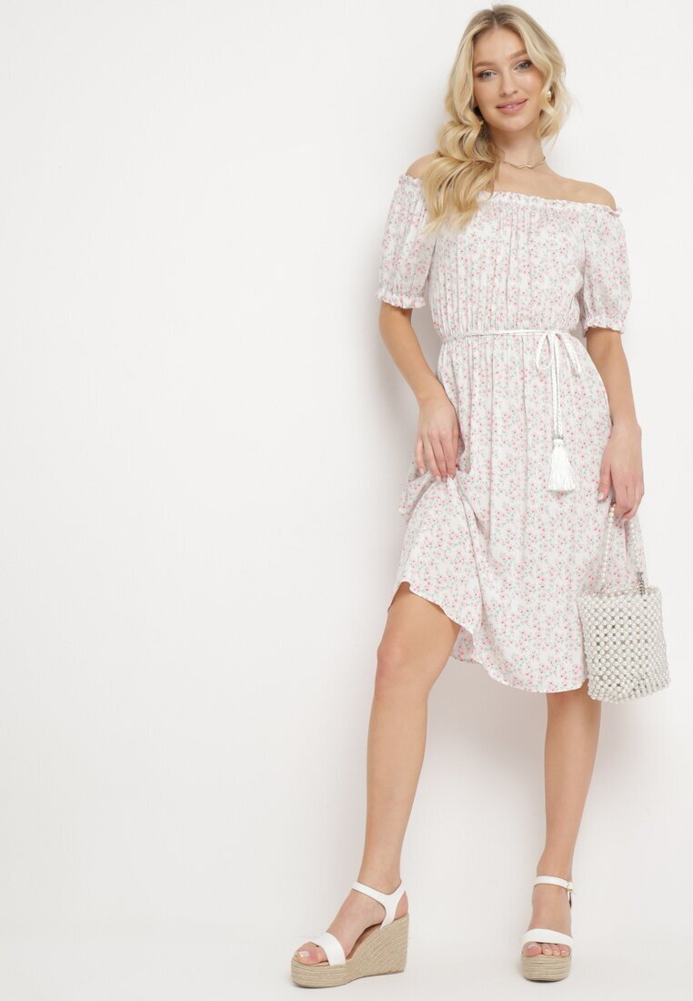 cflo Rochie Albă Midi din Viscoză stil spaniol cu imprimeu floral Oserafia