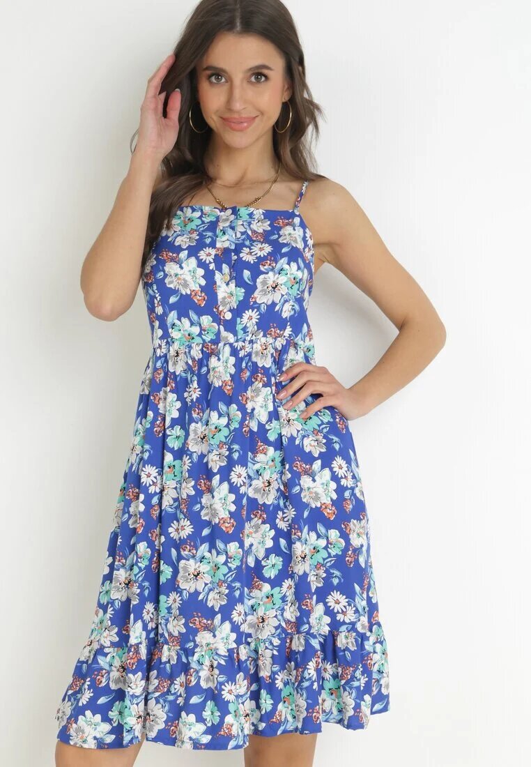 cflo Rochie Albastră cu bretele subțiri din Viscoză cu imprimeu floral Kimball