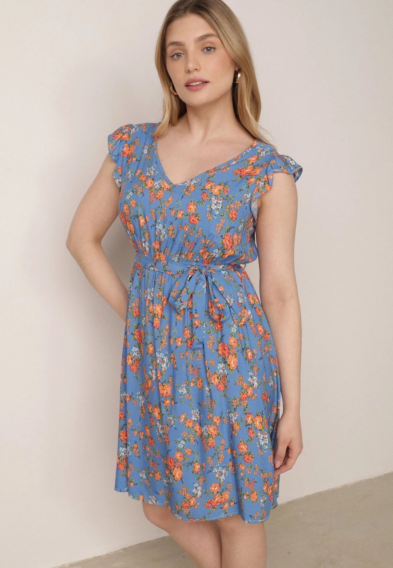 cflo Rochie Albastră cu Elastic în Talie din Viscoză cu Flori Chrysa