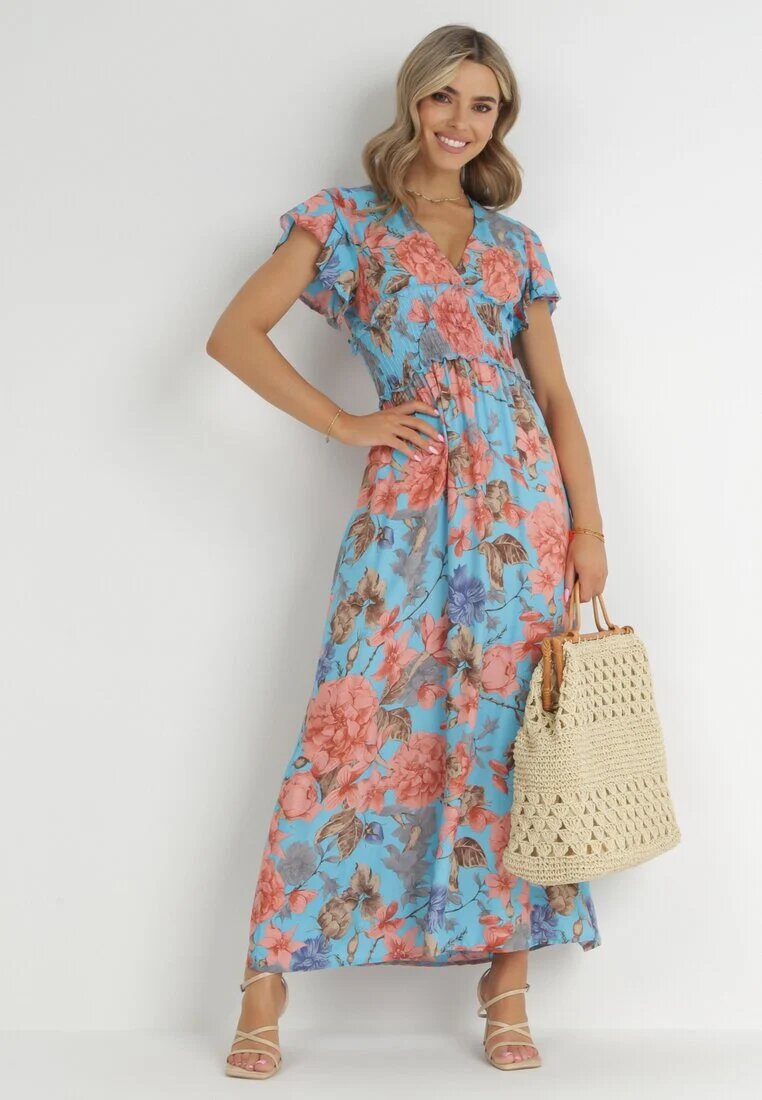 cflo Rochie Albastră Maxi Florală cu elastic în talie Shepes