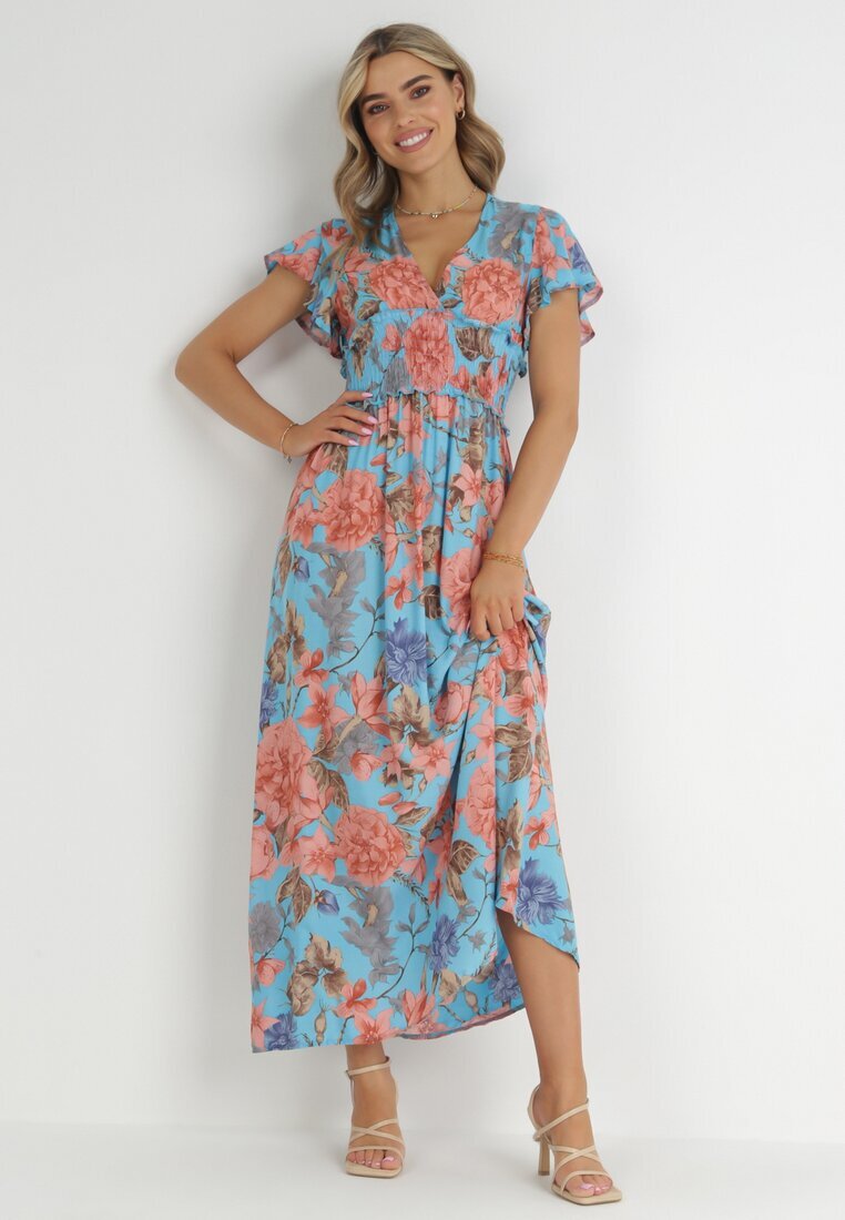 cflo Rochie Albastră Maxi Florală cu elastic în talie Shepes