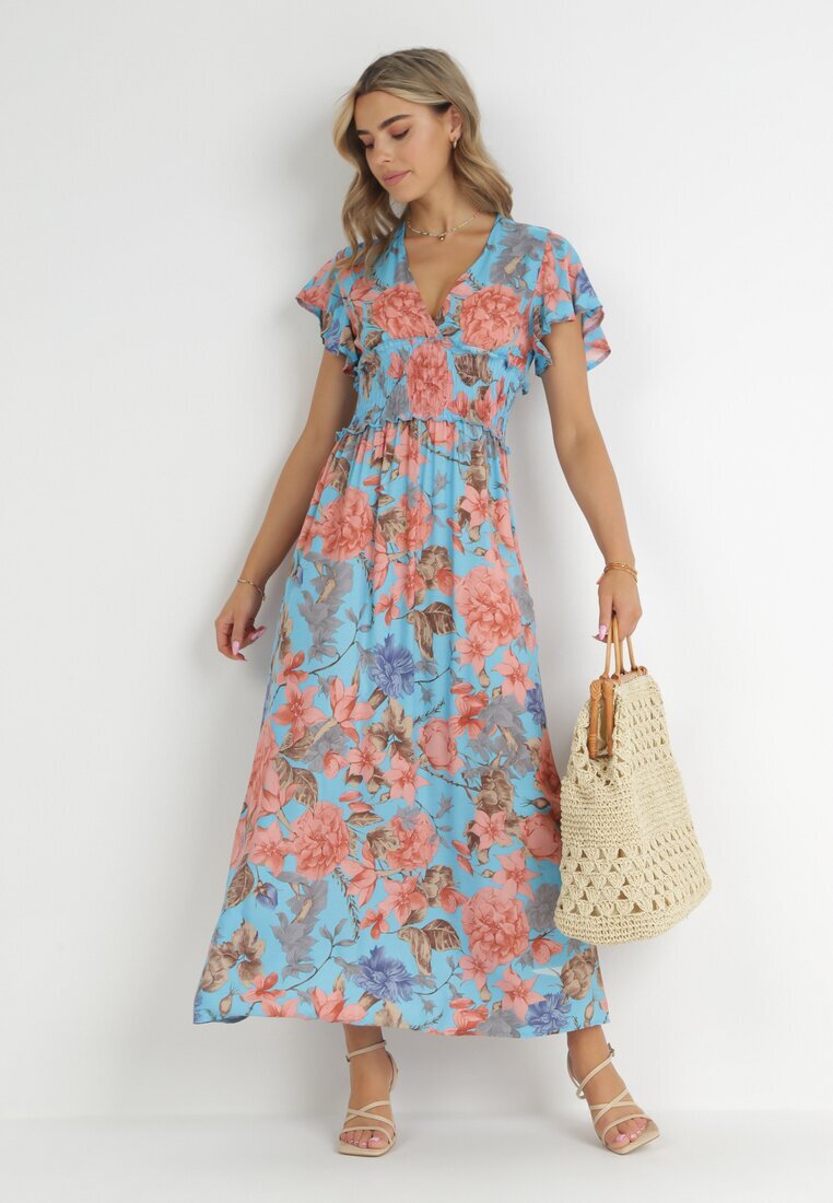 cflo Rochie Albastră Maxi Florală cu elastic în talie Shepes