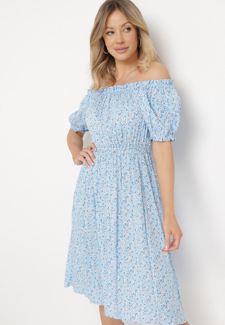 cflo Rochie Albastră Midi din Viscoză cu umerii goi cu Imprimeu floral Oserafia