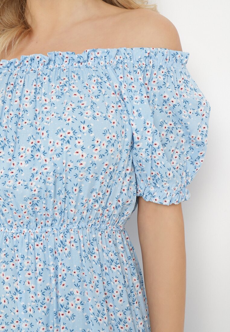 cflo Rochie Albastră Midi din Viscoză cu umerii goi cu Imprimeu floral Oserafia
