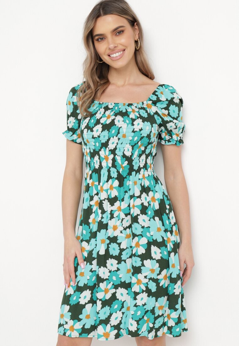 cflo Rochie Albastru-Verde Viscoză Midi Cloș cu Imprimeu Floral Acarana