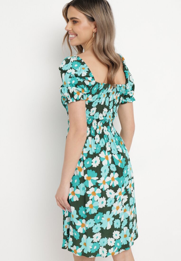 cflo Rochie Albastru-Verde Viscoză Midi Cloș cu Imprimeu Floral Acarana
