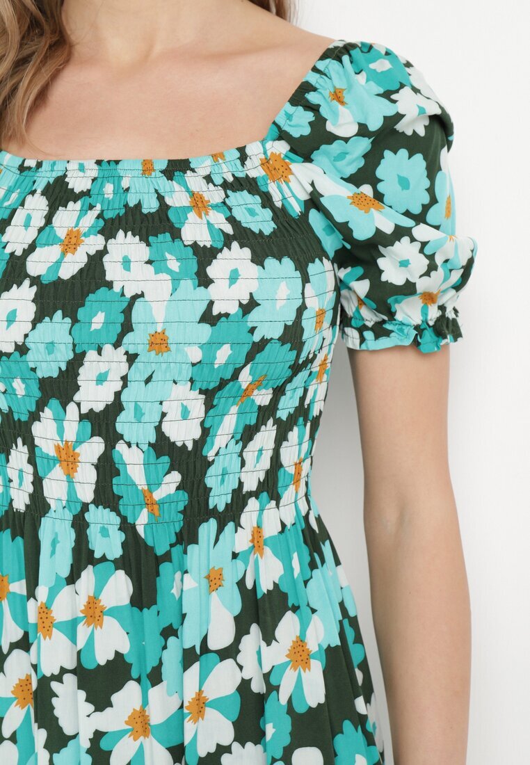 cflo Rochie Albastru-Verde Viscoză Midi Cloș cu Imprimeu Floral Acarana