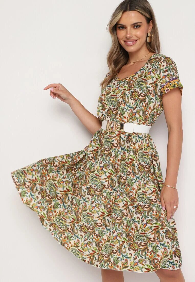 cflo Rochie Bej-Verde din viscoză Evazată cu model Paisley Mastis