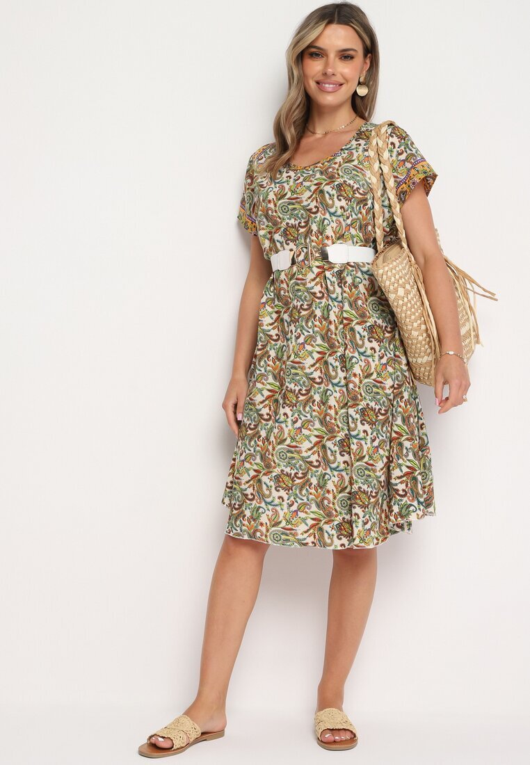 cflo Rochie Bej-Verde din viscoză Evazată cu model Paisley Mastis