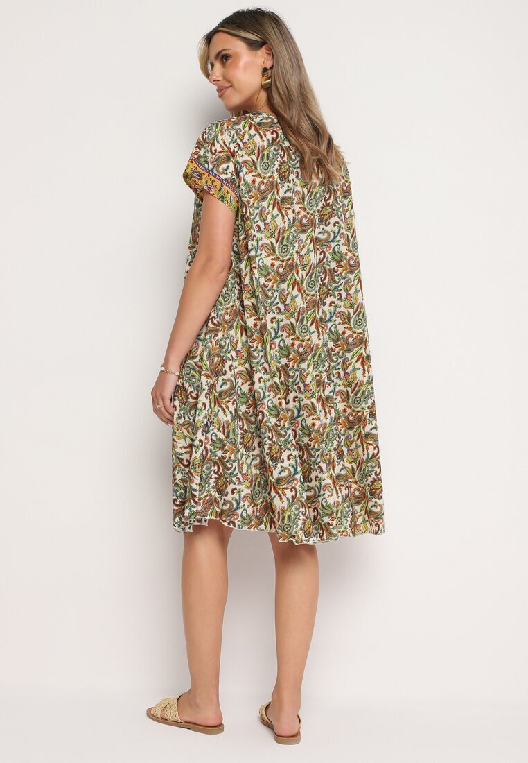 cflo Rochie Bej-Verde din viscoză Evazată cu model Paisley Mastis