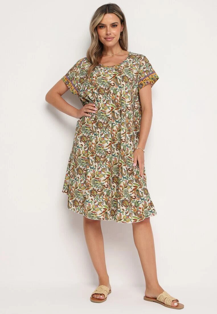 cflo Rochie Bej-Verde din viscoză Evazată cu model Paisley Mastis