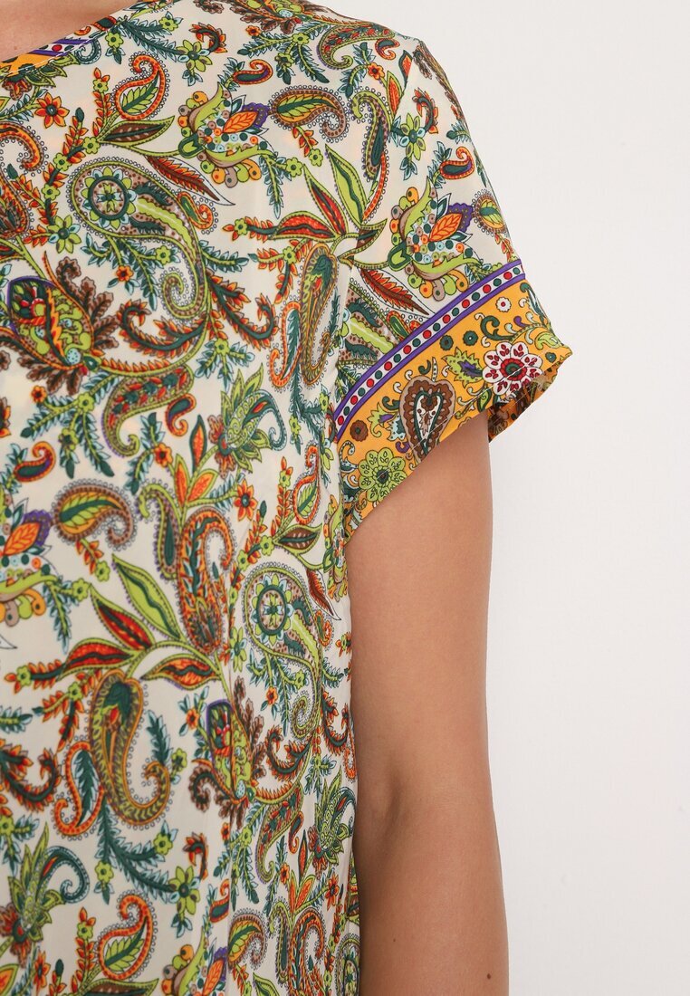 cflo Rochie Bej-Verde din viscoză Evazată cu model Paisley Mastis