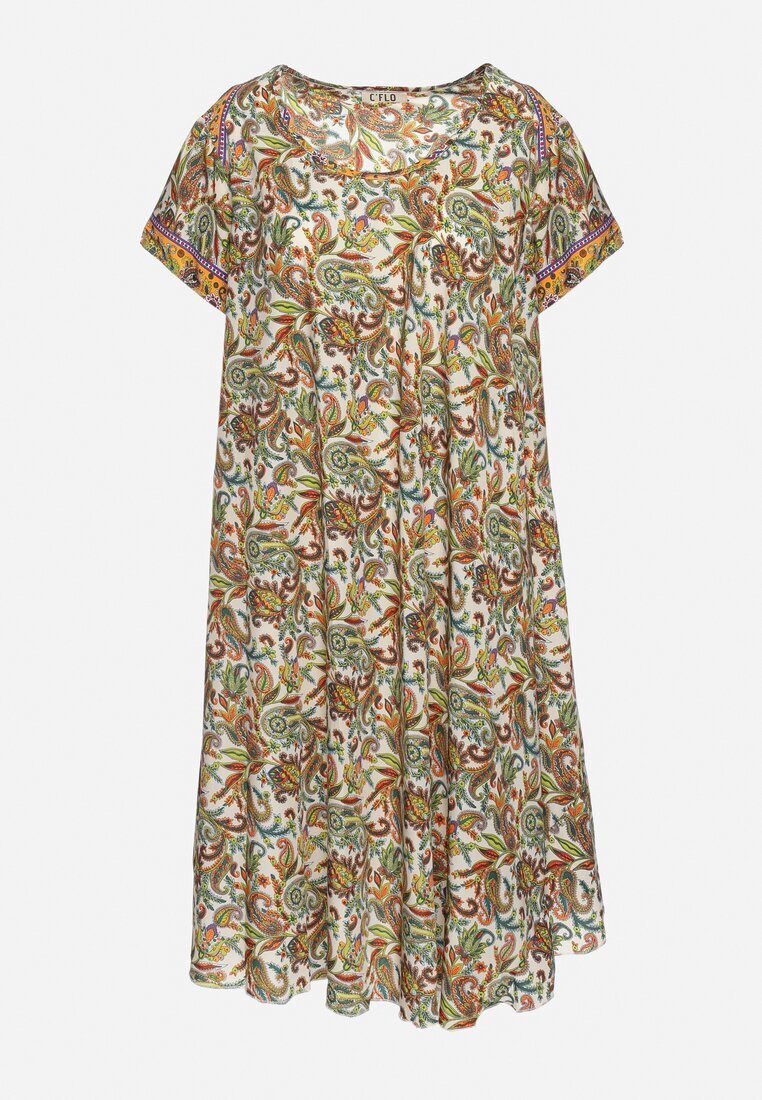cflo Rochie Bej-Verde din viscoză Evazată cu model Paisley Mastis