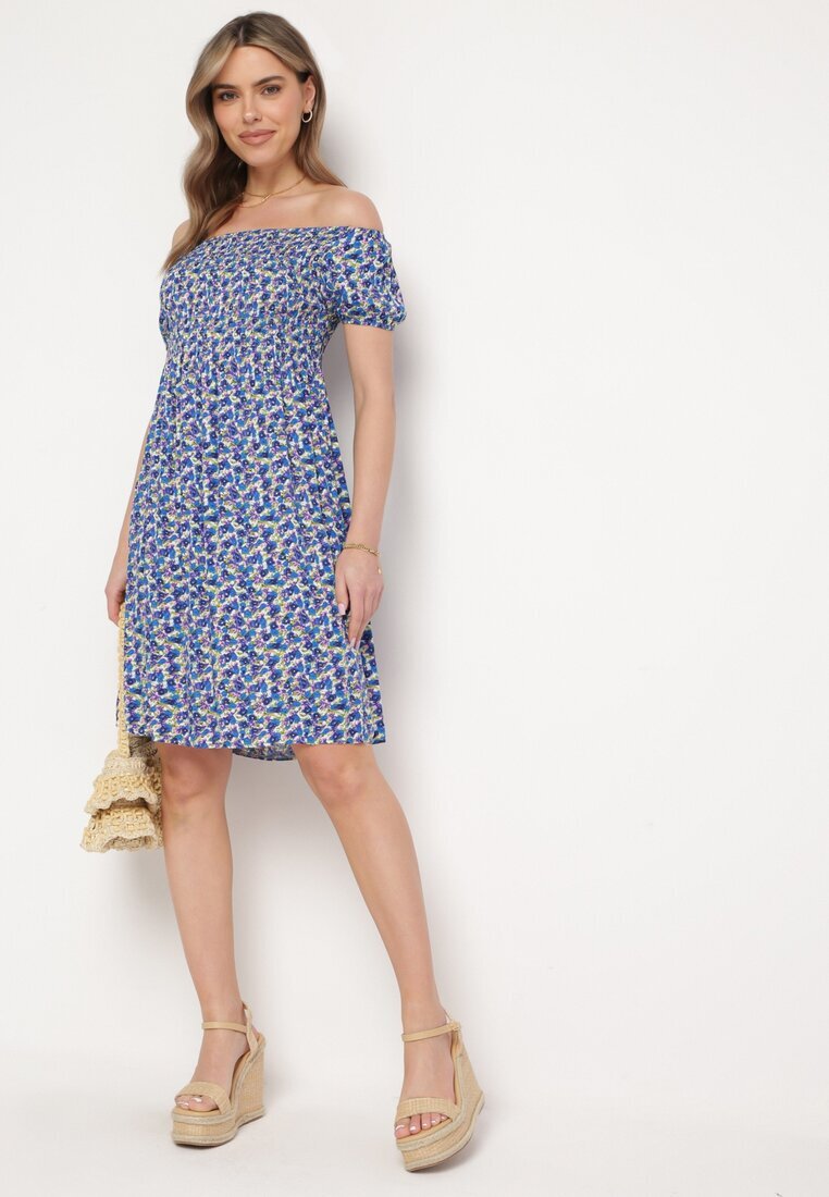 cflo Rochie Bleu-marin Vâscoză Stil Spaniol cu Elastic în Talie Valdina