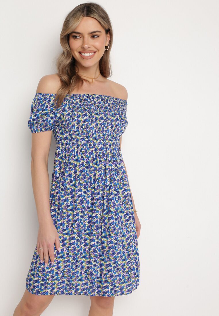 cflo Rochie Bleu-marin Vâscoză Stil Spaniol cu Elastic în Talie Valdina