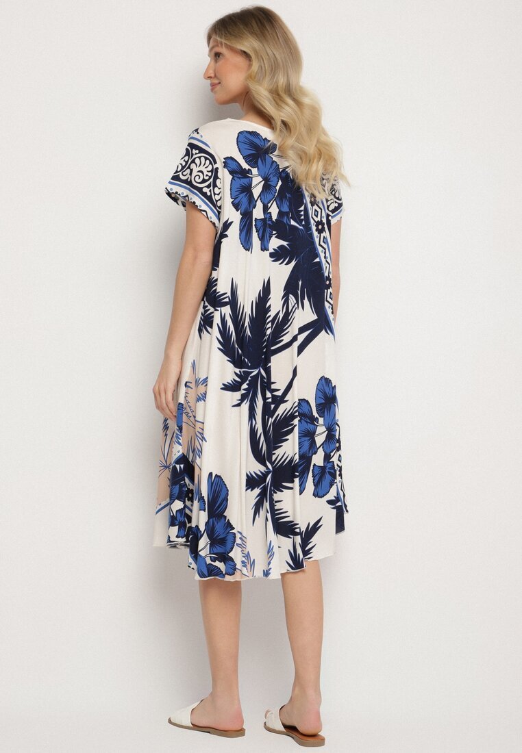 cflo Rochie Bleumarin din Viscoză cu Croială Cloș cu Imprimeu Floral Miratiela