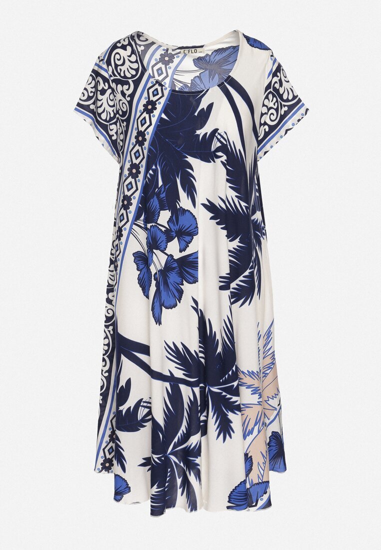 cflo Rochie Bleumarin din Viscoză cu Croială Cloș cu Imprimeu Floral Miratiela