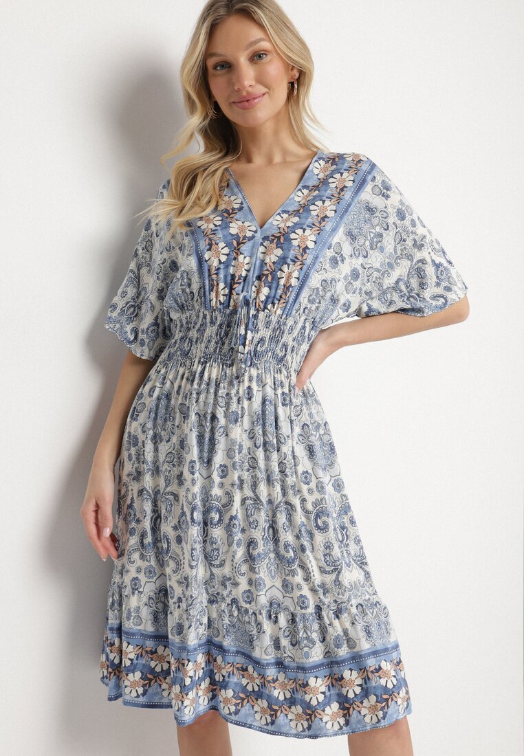 cflo Rochie bleumarin din Viscoză cu model Ornamental cu elastic lat în Talie Tanissla