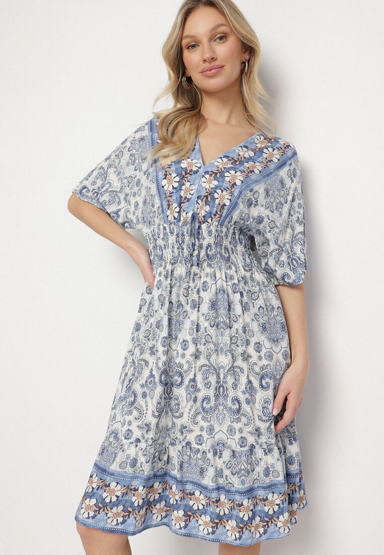 cflo Rochie bleumarin din Viscoză cu model Ornamental cu elastic lat în Talie Tanissla